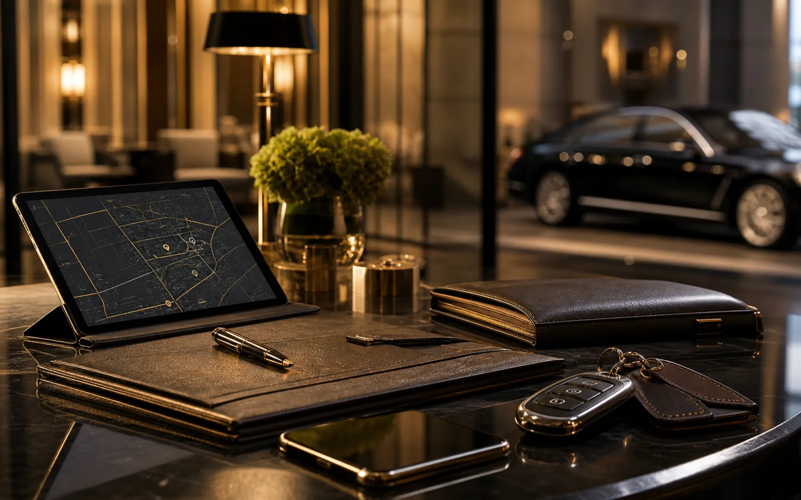 Luxury chauffeur concierge desk with route planning tablet and car keys