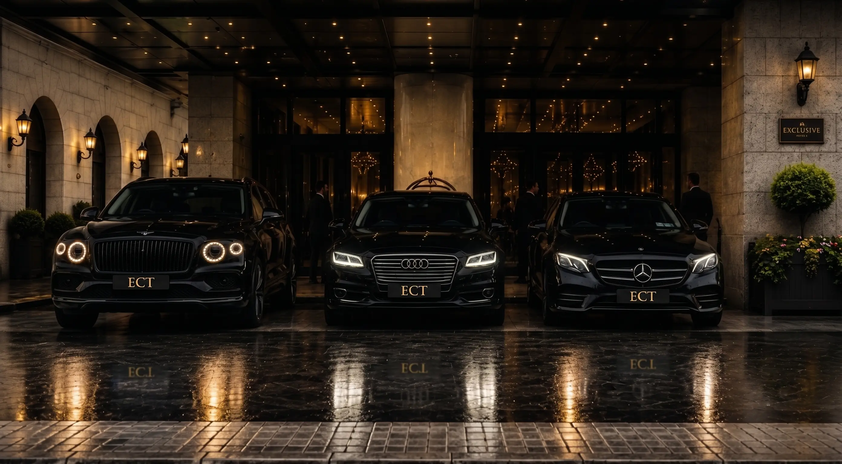 Luxury chauffeur vehicles lined up outside an illuminated hotel