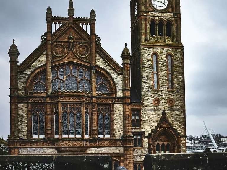 The Guildhall and historic city walls in Derry