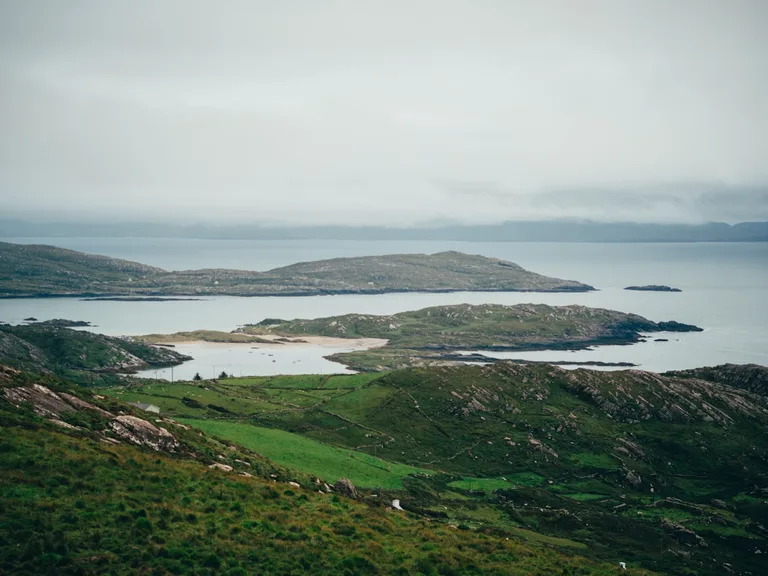 Coastal islands and green fields along the Ring of Kerry